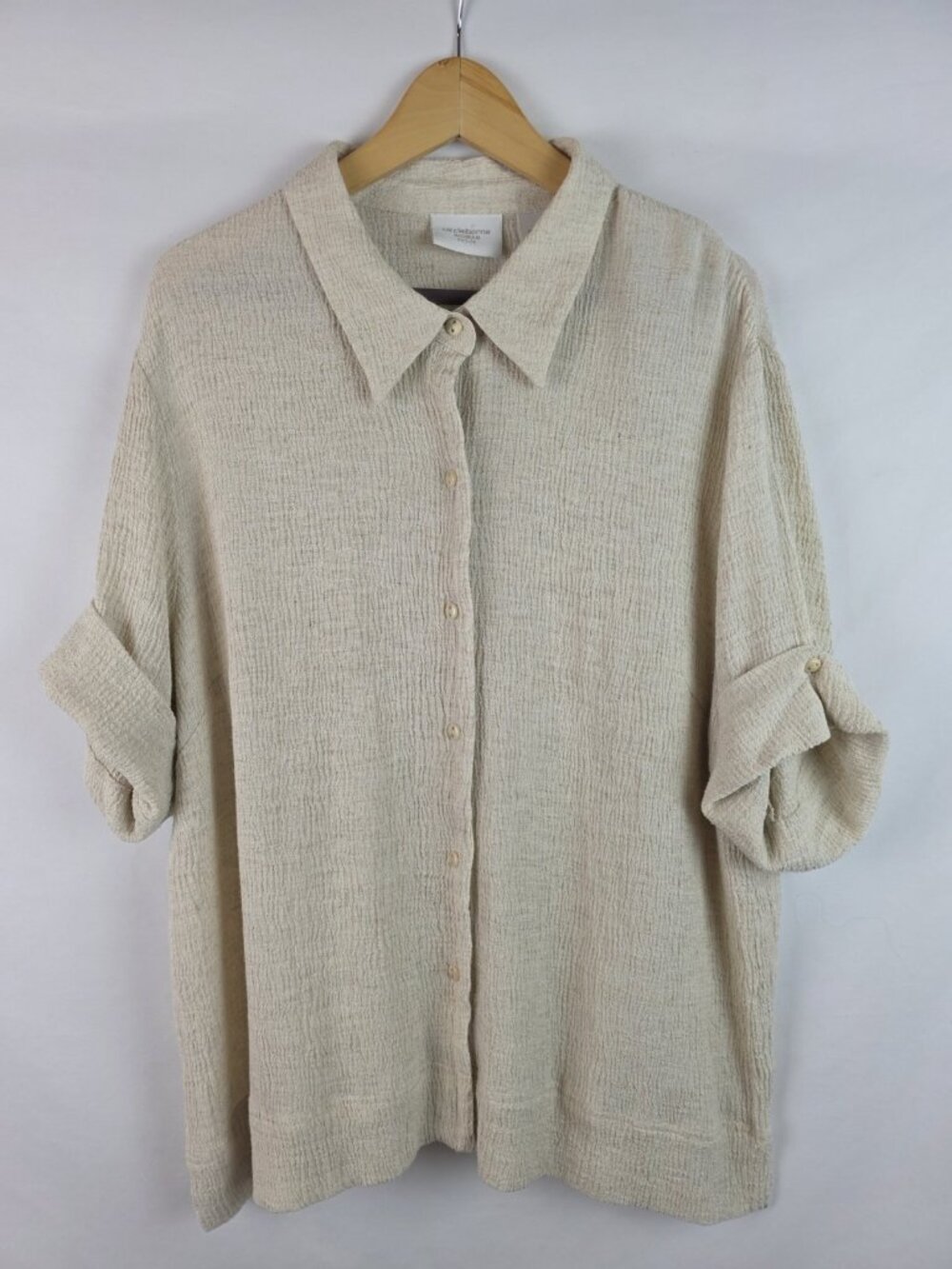 Liz Claiborne Womens Shirt Petite Size 18P Beige Linen Button Down Short Sleeve